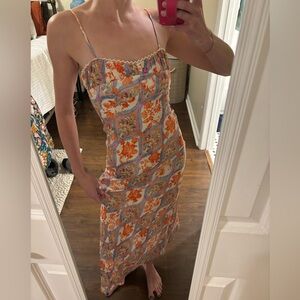 Monteau Orange and Blue Linen Blend Floral Midi Dress